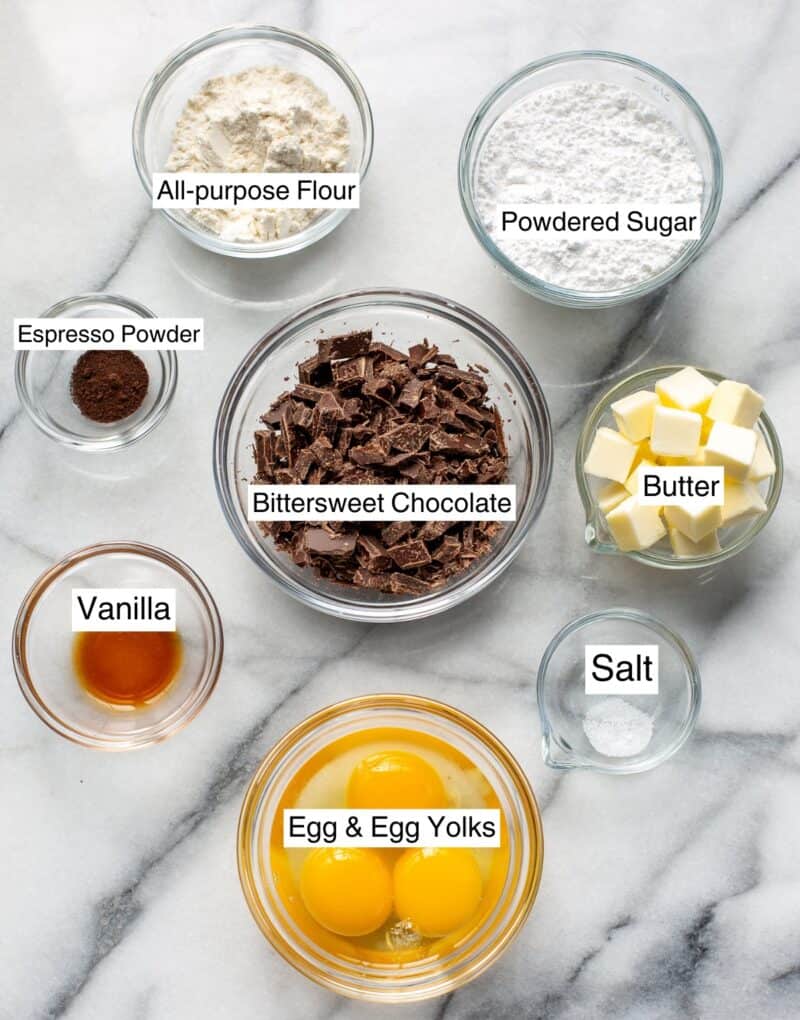 An overhead view of an array of ingredients needed to make Lava Cakes.