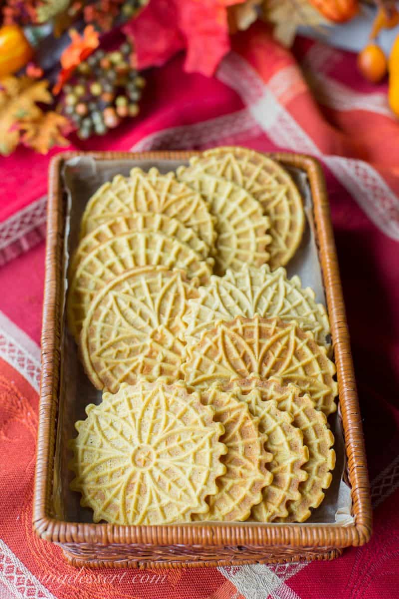 Pumpkin Spiced Pizzelles in a basket