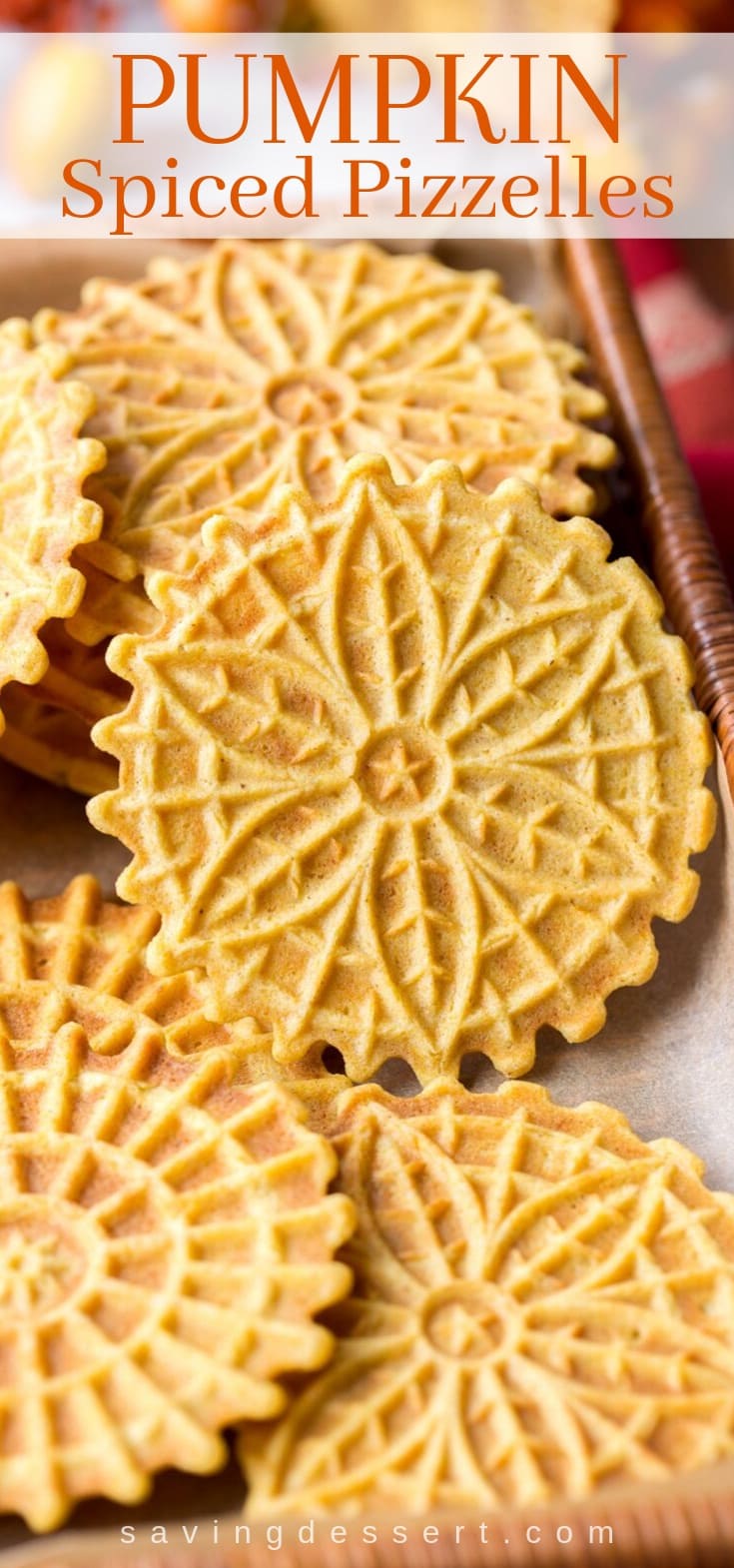 A basket filled with pumpkin spiced pizzelles