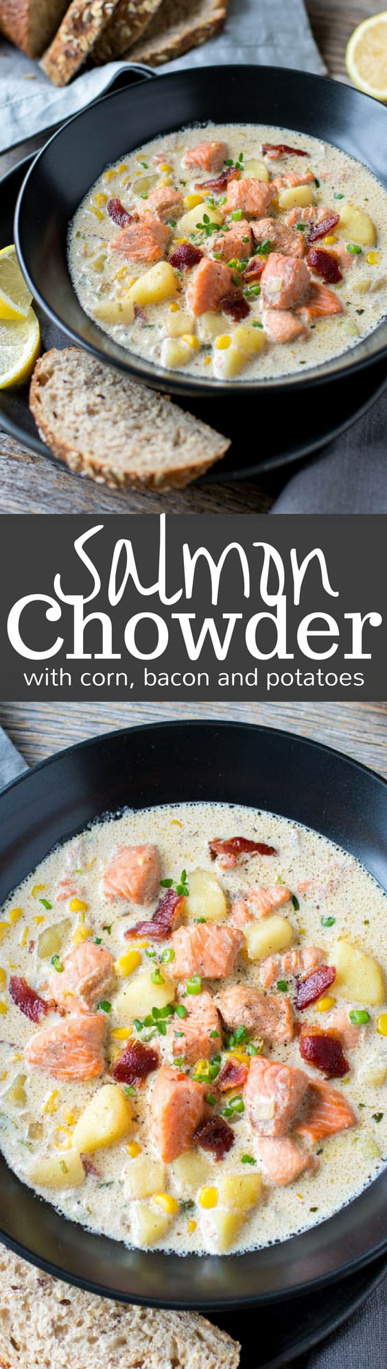 Salmon Chowder with potatoes, bacon and corn - an incredible soup that's richly satisfying, hearty, surprisingly filling and not at all fishy! www.savingdessert.com