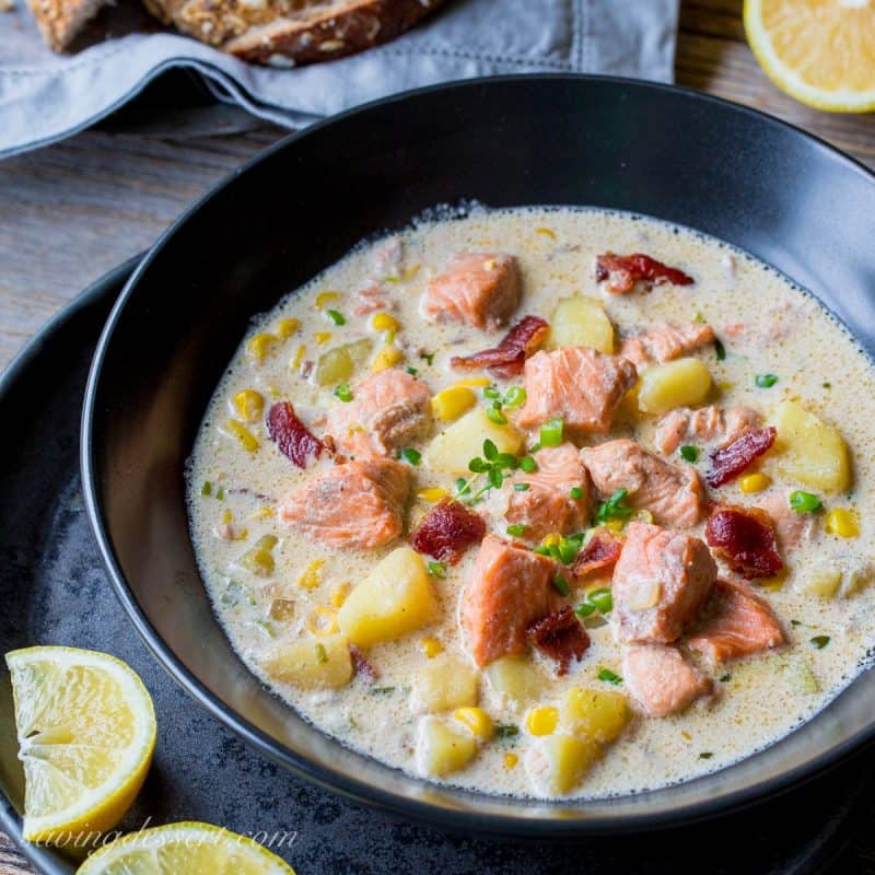 Salmon Chowder with potatoes, bacon and corn - an incredible soup that's richly satisfying, hearty, surprisingly filling and not at all fishy! www.savingdessert.com