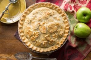 An overhead view of a double crust apple pie