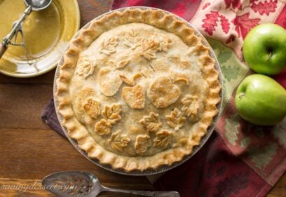 An overhead view of a double crust apple pie