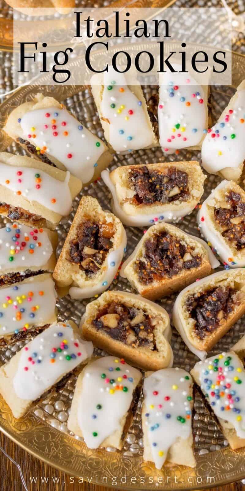 Overhead view of a holiday platter of iced Italian Fig Cookies