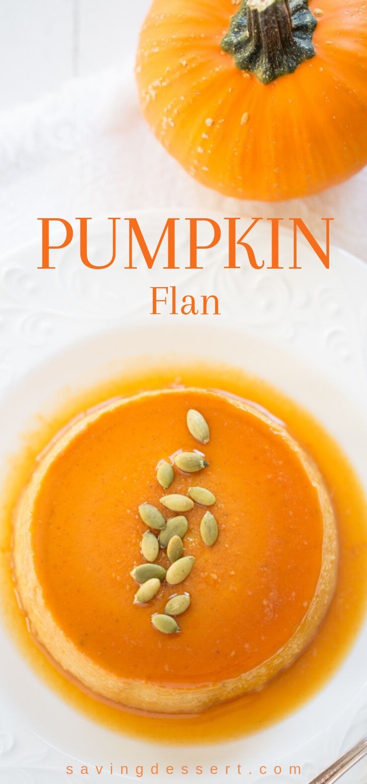 An overhead shot of a pumpkin flan with caramel garnished with pepitas