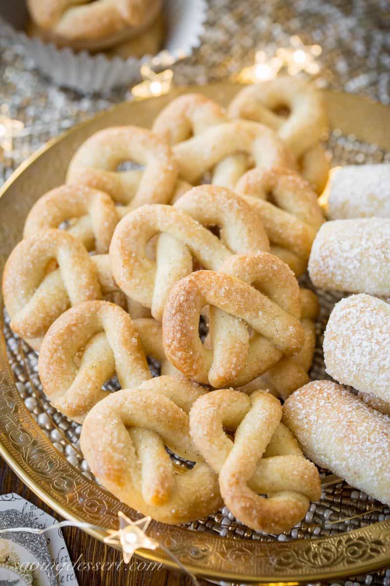 Vanilla Pretzel Cookies ~ a crisp little butter cookie loaded with vanilla beans and topped with sparkly coarse sugar in a fun festive shape!