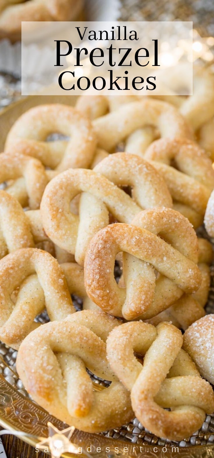 A plate filled with vanilla pretzel cookies