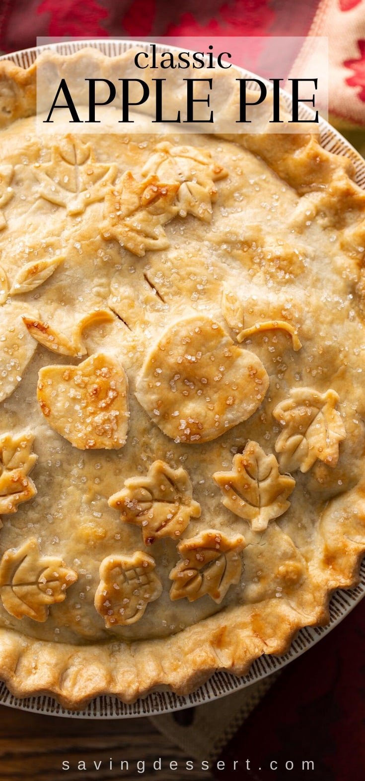 A close up of a classic double crust apple pie