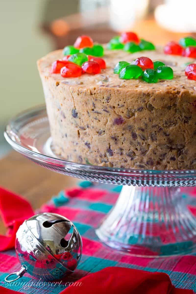 An eggnog cake topped with candied cherries