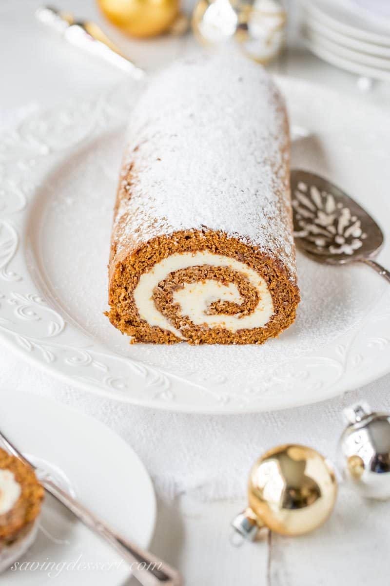 This Gingerbread Roll with Lemon Cream Cheese Filling – a delightful dessert that’s not too sweet, is loaded with warm, aromatic spices and flavored with just the right amount of molasses. www.savingdessert.com