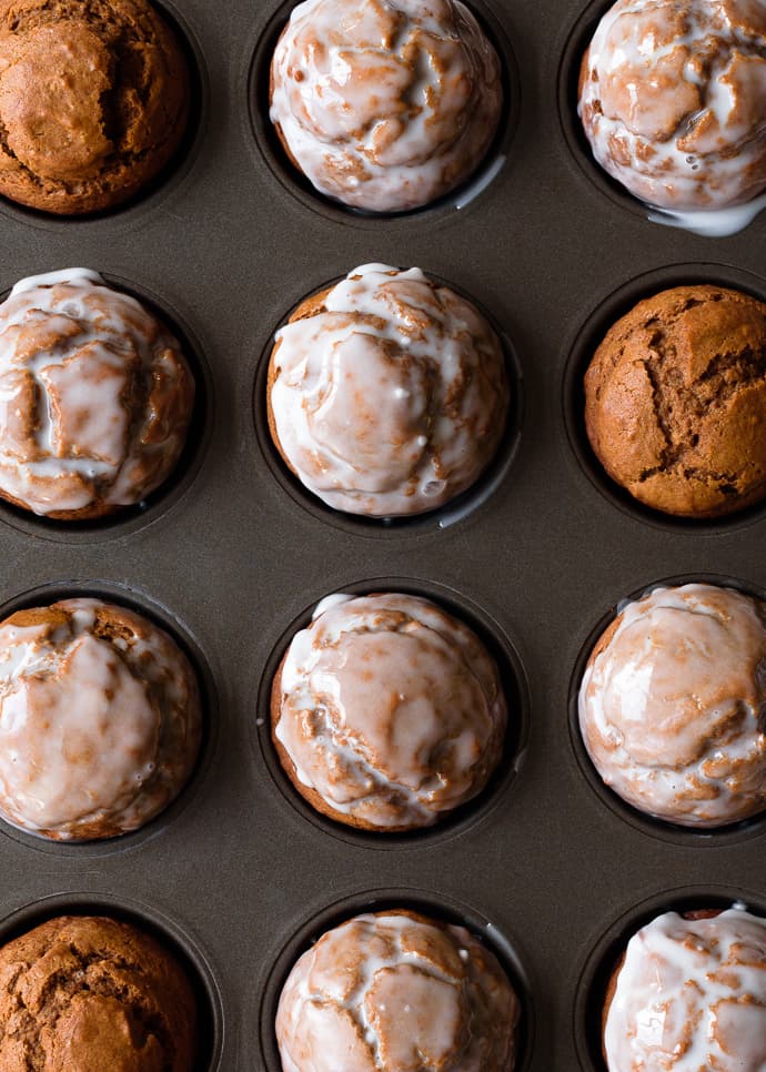 One Bowl Gingerbread Muffins with Maple Vanilla Glaze