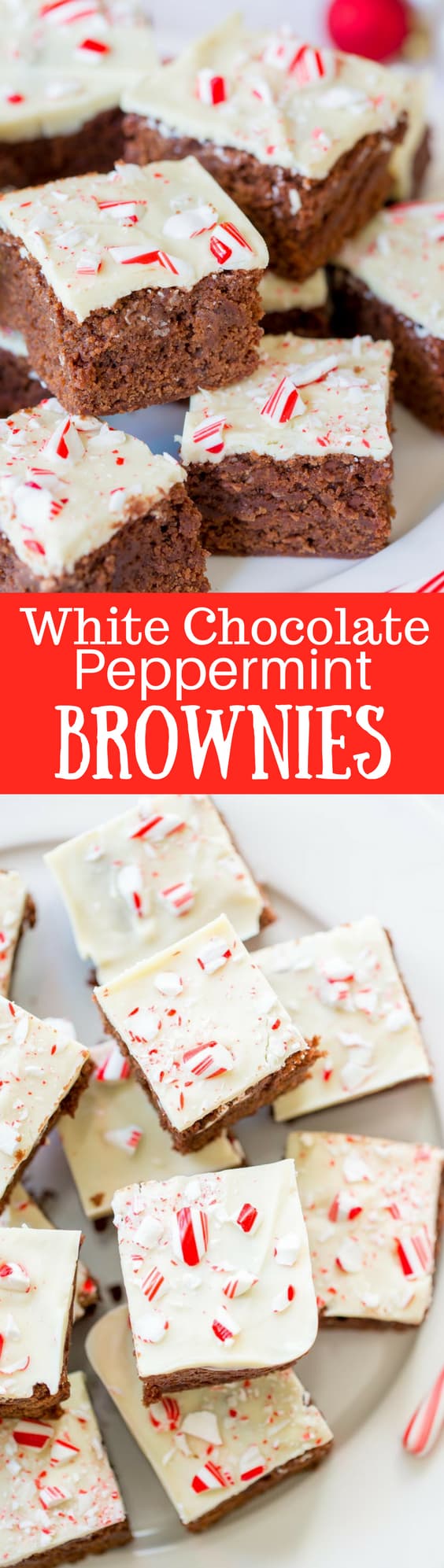 White Chocolate Peppermint Brownies - Lightly sweet, cakey chocolate brownies topped with melted white chocolate and crushed peppermints for a simple, easy and tasty dessert to help celebrate the season. www.savingdessert.com