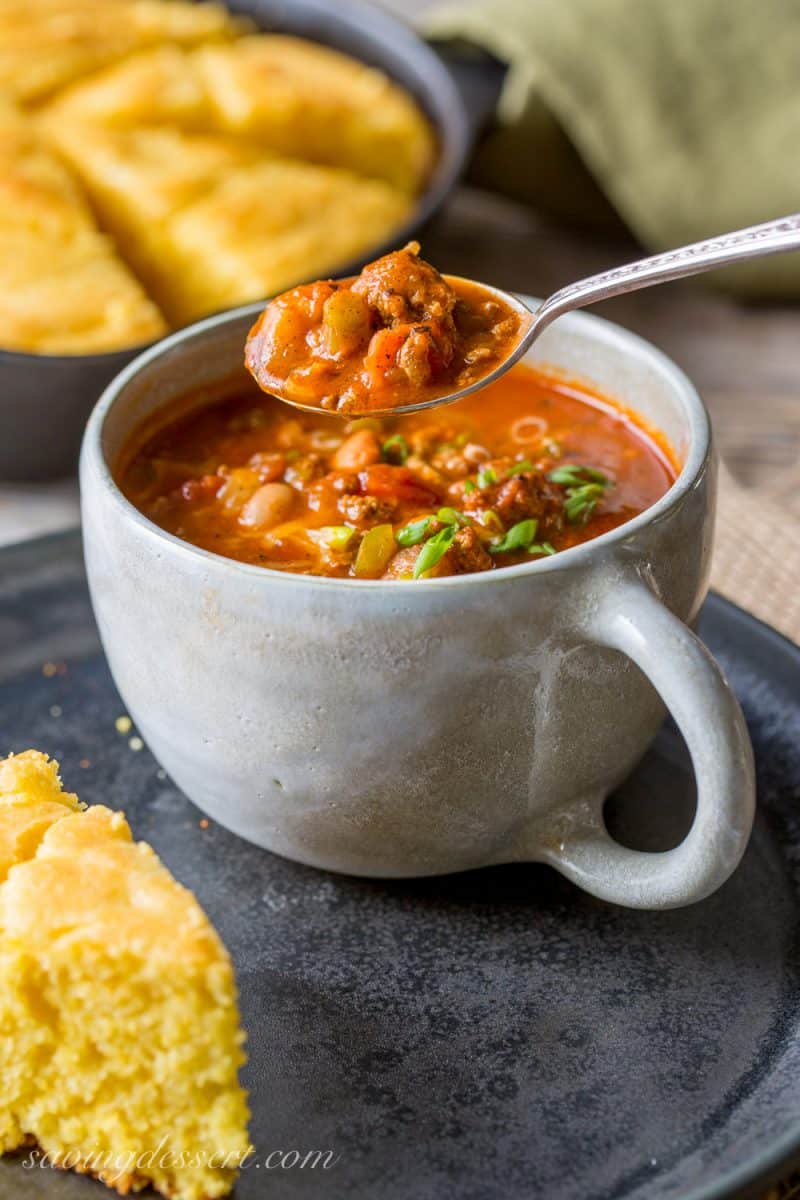 Chase's Chili - adapted from the famous Chasen's Hollywood restaurant recipe which was a favorite with actors including Elizabeth Taylor and Richard Burton. I love that it’s packed with meat and made with dried pinto beans instead of canned. The sauce is not as tomatoey as some you may find today, but that’s not a bad thing either. This chili freezes beautifully! www.savingdessert.com