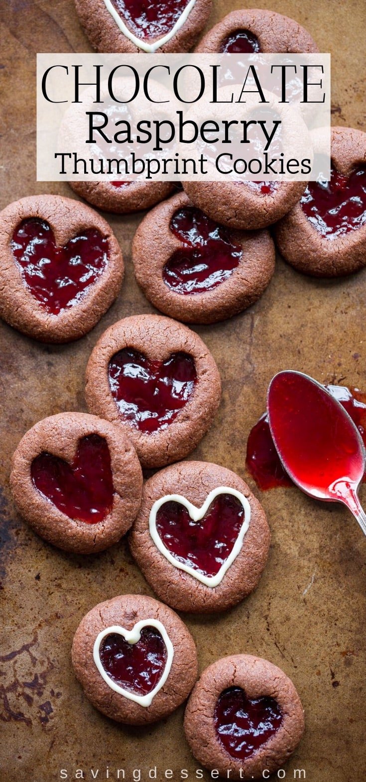 a tray with chocolate raspberry thumbprint cookies