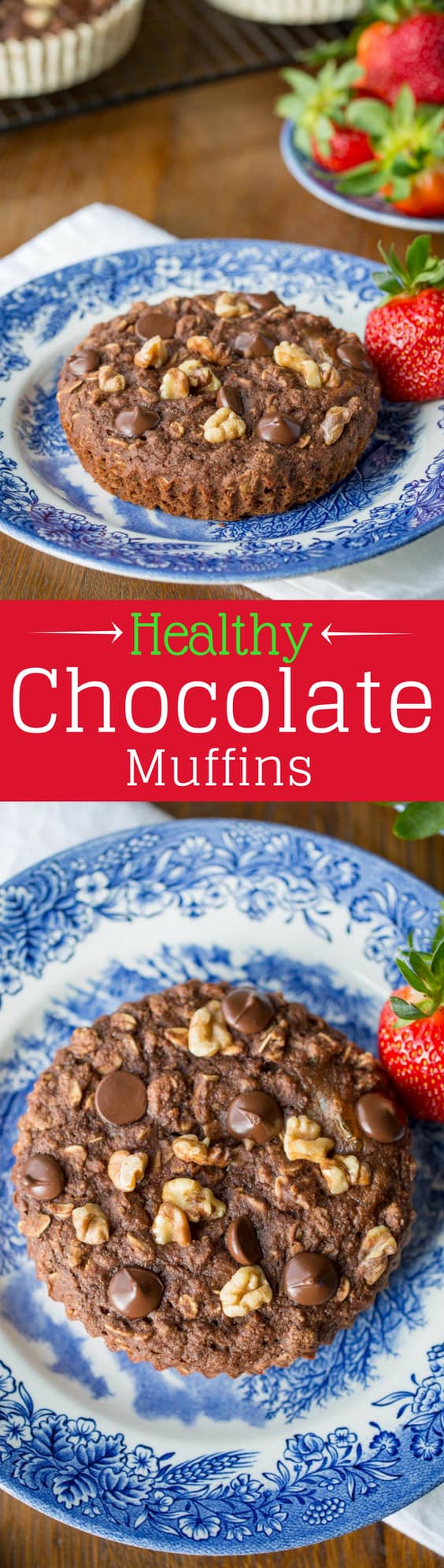 Healthy Chocolate Muffins ~ with no added sugar! Loaded with spelt flour, oats, ground flaxseed meal, and coconut oil, and sweetened with applesauce and honey. Topped with dark chocolate chips and chopped walnuts. DELICIOUS! www.savingdessert.com