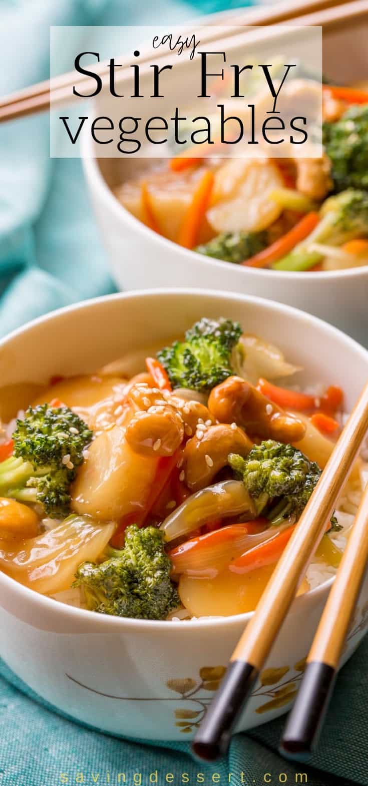 Closeup of a bowl of stir fry vegetables with broccoli and cashews served over rice