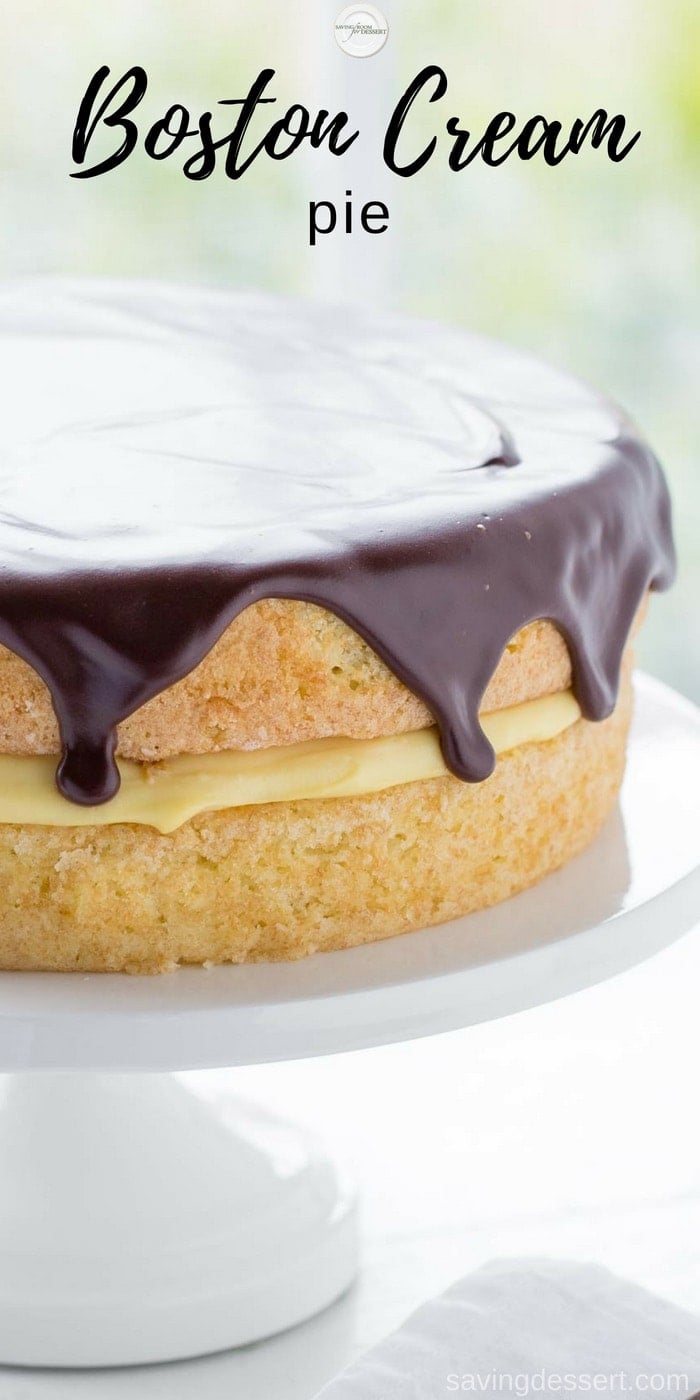 Classic Boston Cream Pie ~ moist, tender sponge cake filled with a layer of rich, smooth vanilla pastry cream, then topped with a delicious bittersweet chocolate glaze. #bostoncreampie #cake #savingroomfordessert #bostonpie #creampie www.savingdessert.com