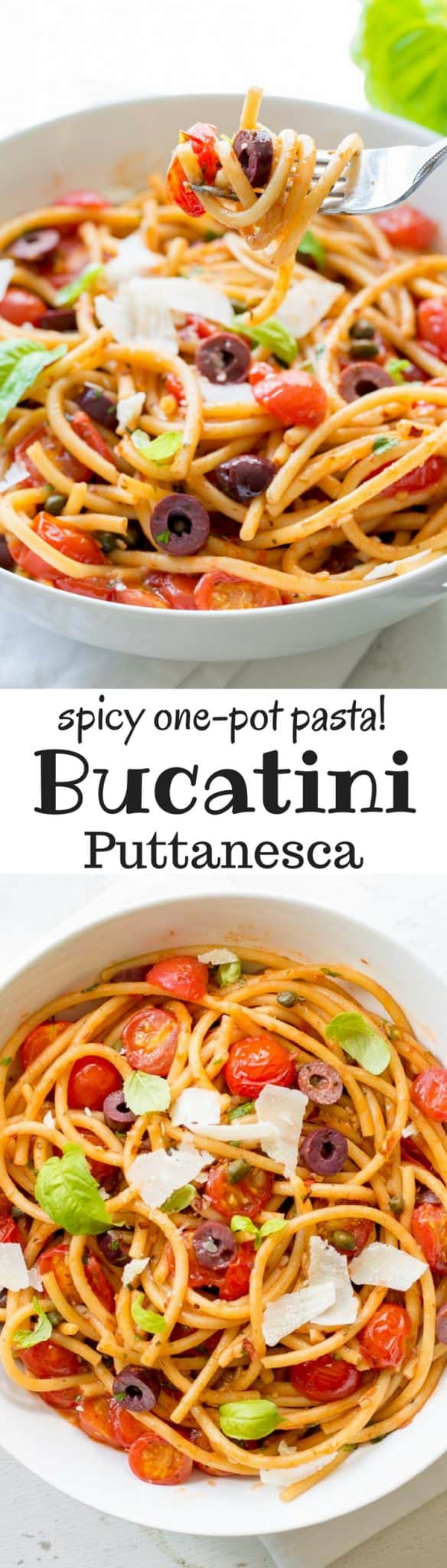 Bucatini Puttanesca ~ a deliciously easy one-pot pasta dish with a simple but zesty sauce and loads of fresh tomatoes, olives and capers. www.savingdessert.com anchovy | red pepper | bucatini pasta | spaghetti | cherry tomatoes | kalamata olives | capers | meatless monday