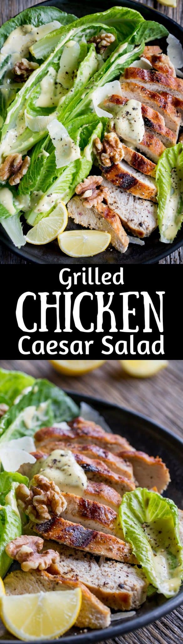 Grilled Chicken Caesar Salad ~ an easy homemade Caesar dressing is drizzled over tender grilled chicken and hearts of romaine lettuce, then topped with shaved Parmesan, plenty of fresh ground black pepper and toasted walnuts. This main dish salad is sure to please your salad loving family! www.savingdessert.com