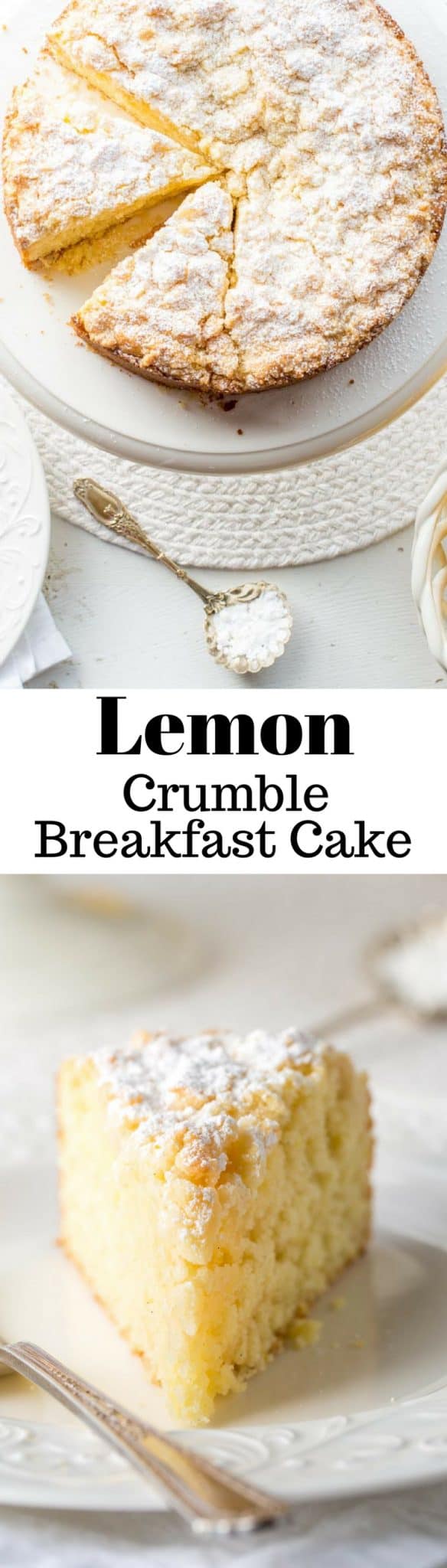 Lemon Crumble Breakfast Cake ~ from the first bite to the last, this cake is loaded with bright lemon flavor. This is a moist, tender cake topped with a sweet crumble top then dusted with powdered sugar. Whether you serve it for breakfast, brunch, afternoon tea or dessert, you'll be basking in enthusiastic, sunny compliments! www.savingdessert.com #savingroomfordessert #lemoncake #lemonbreakfastcake #cake #breakfastcake #lemon #baking #dessert