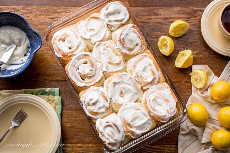 Lemon Sweet Rolls with Lemon Cream Cheese Icing ~ a lightly sweet, soft yeast roll with a lemon infused dough, and a sweet lemon filling, topped with a lemony cream cheese icing. Weekend baking at it's best! www.savingdessert.com