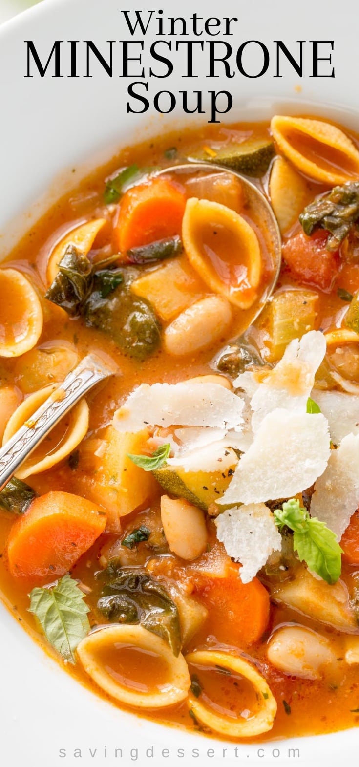 A closeup of a bowl of winter minestrone soup with pasta, beans, greens and herbs