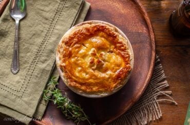 An overhead view of a beef & stout pie