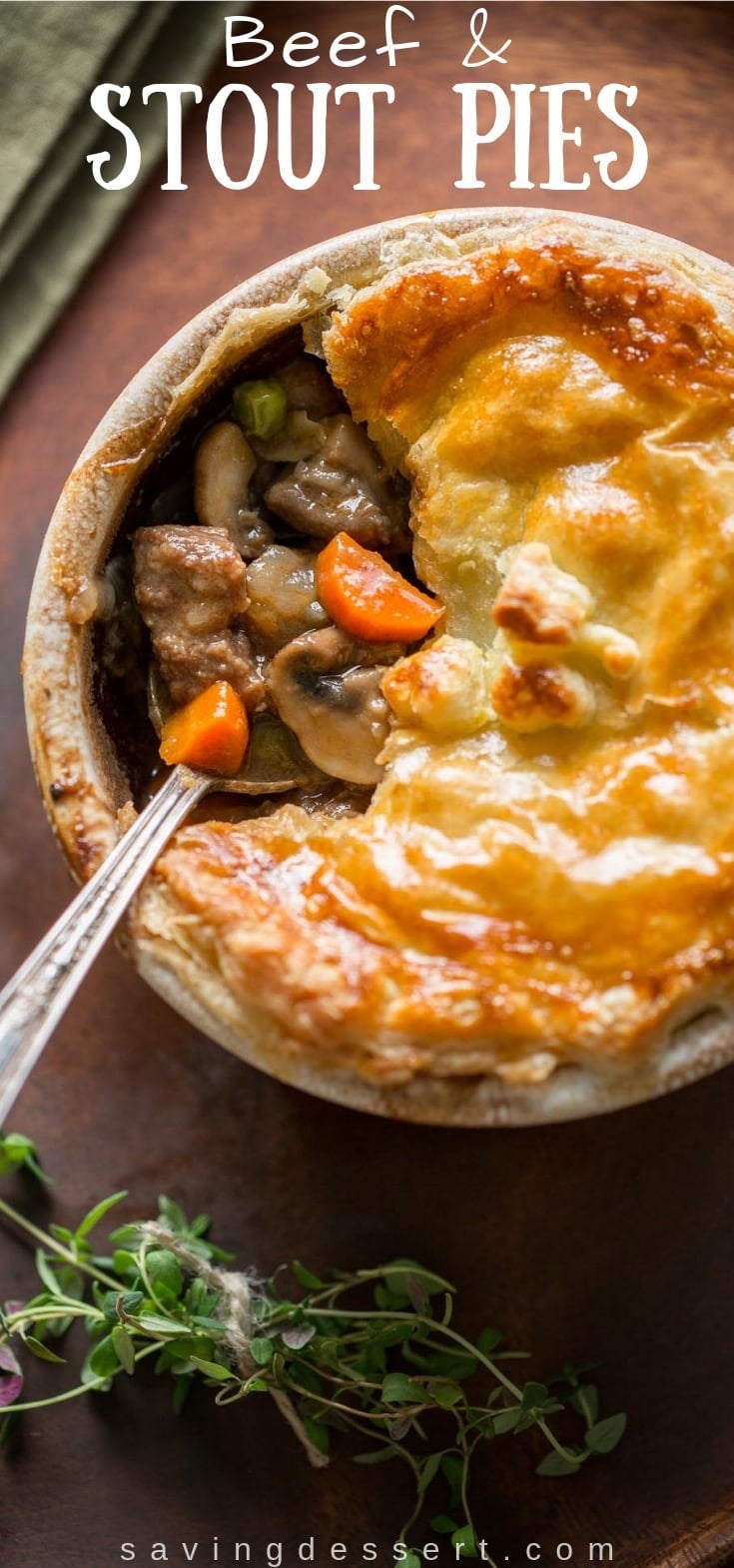  tender chunks of beef are boring simmered inwards a rich stout broth alongside fresh thyme Beef too Stout Pies