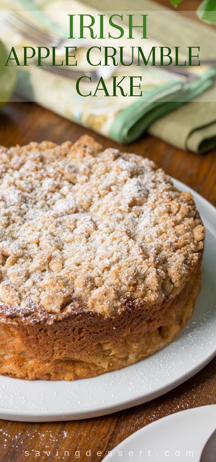 An Irish Apple Crumble Cake dusted with powdered sugar