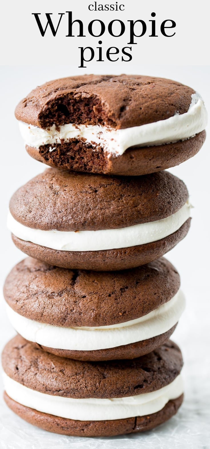 Classic Whoopie Pies ~ Chocolate cake-like batter is baked into large, soft hamburger bun shaped cookies filled with a fluffy, sweet marshmallow frosting. #whoopiepie #chocolatecookie #cookie #softcookie #marshmallowcream #marshmallowfrosting #dessert #chocolatewhoopiepies