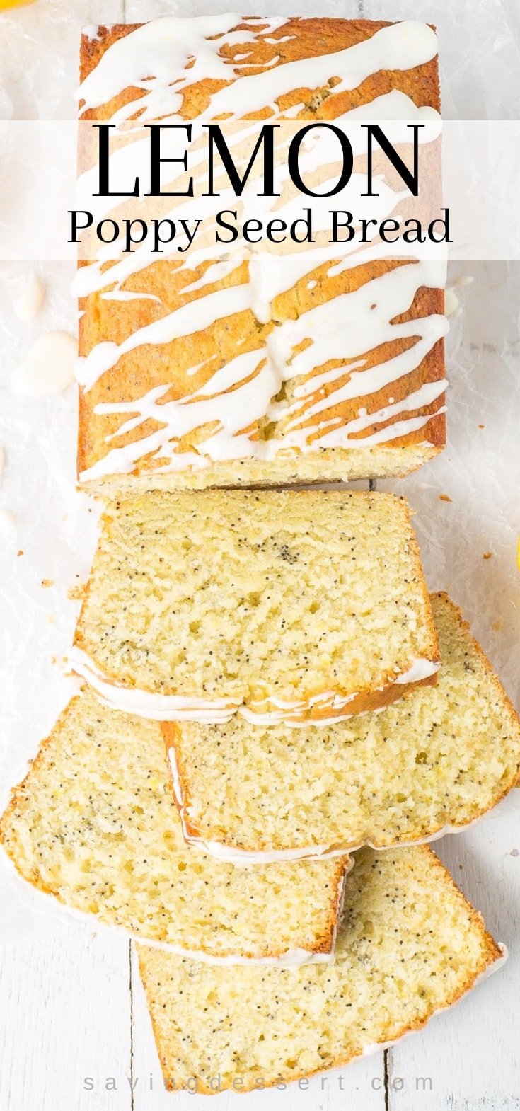 A loaf of lemon poppy seed bread sliced