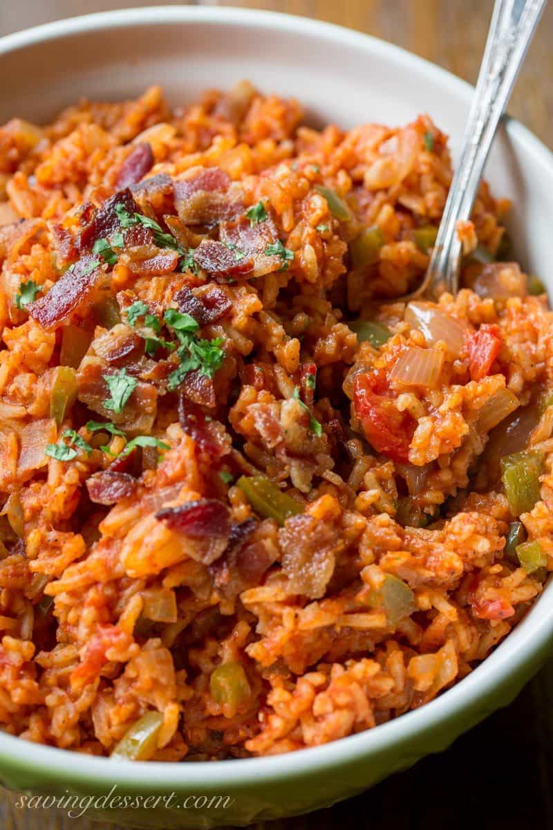 A bowl of Spanish Rice with bacon and peppers