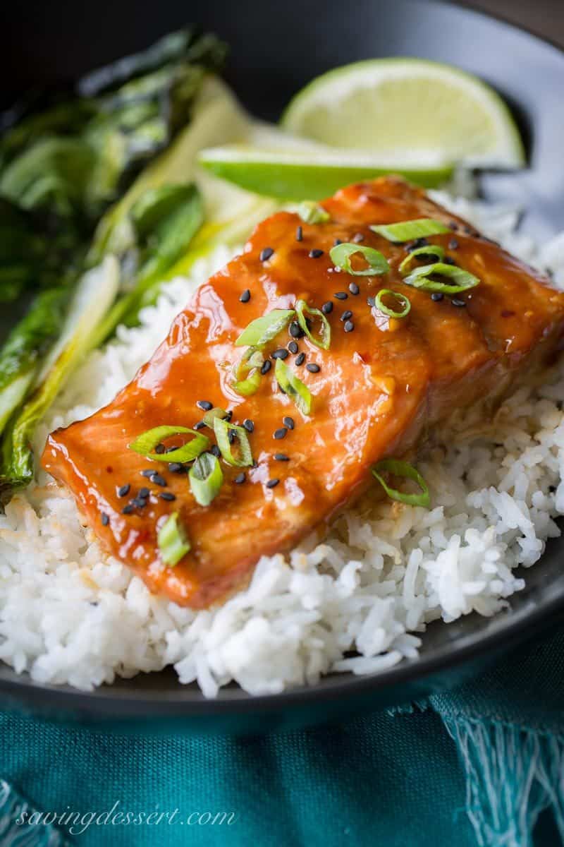 Teriyaki Salmon Rice Bowls with roasted Bok Choy ~ a super easy, quick and delicious dinner with terrific (almost intense) flavor from the simple homemade teriyaki sauce. Once you try this recipe, I bet you never buy pre-made teriyaki sauce again! www.savingdessert.com