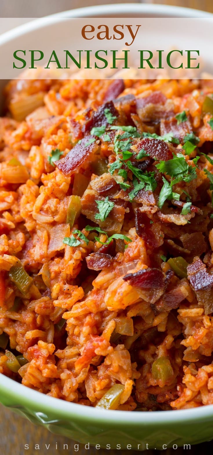 Easy Spanish Rice Recipe ~ Sweet onion and green bell pepper compliment the tomatoes and spices in this tasty Mexican rice dish. #mexicanrice, #spanishrice, #cincodemayo #rice #tomatoesandrice #mexicanside #easyspanishrice