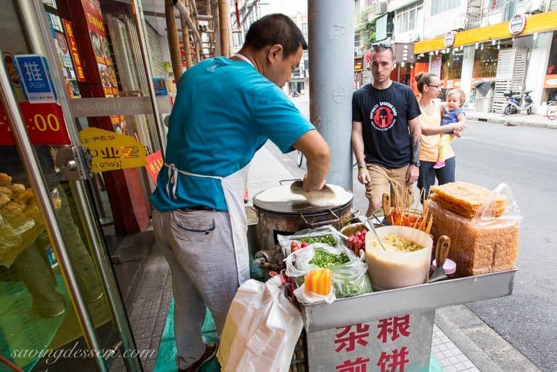 Chinese Street Food in Shanghai ~ Egg Pancake Cart www.savingdessert.com