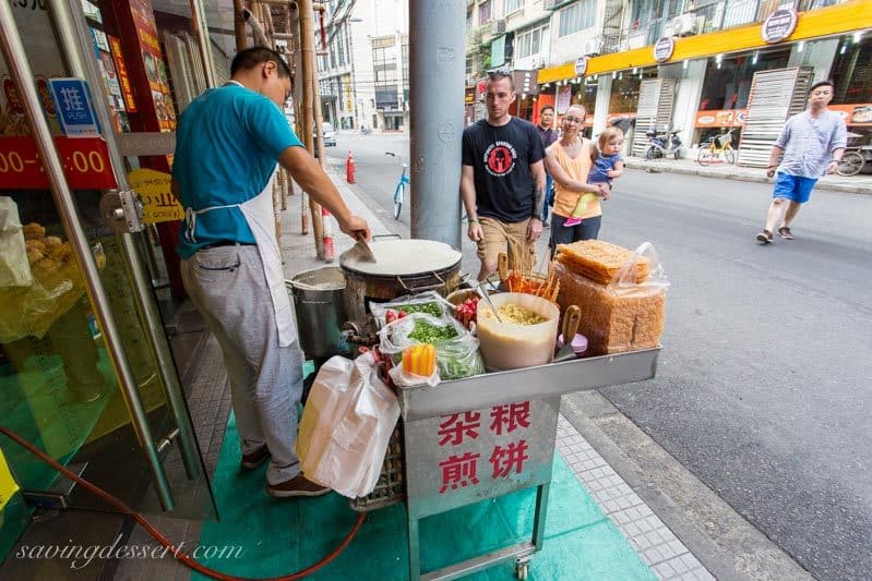 Chinese Street Food in Shanghai ~ Egg Pancake Cart www.savingdessert.com