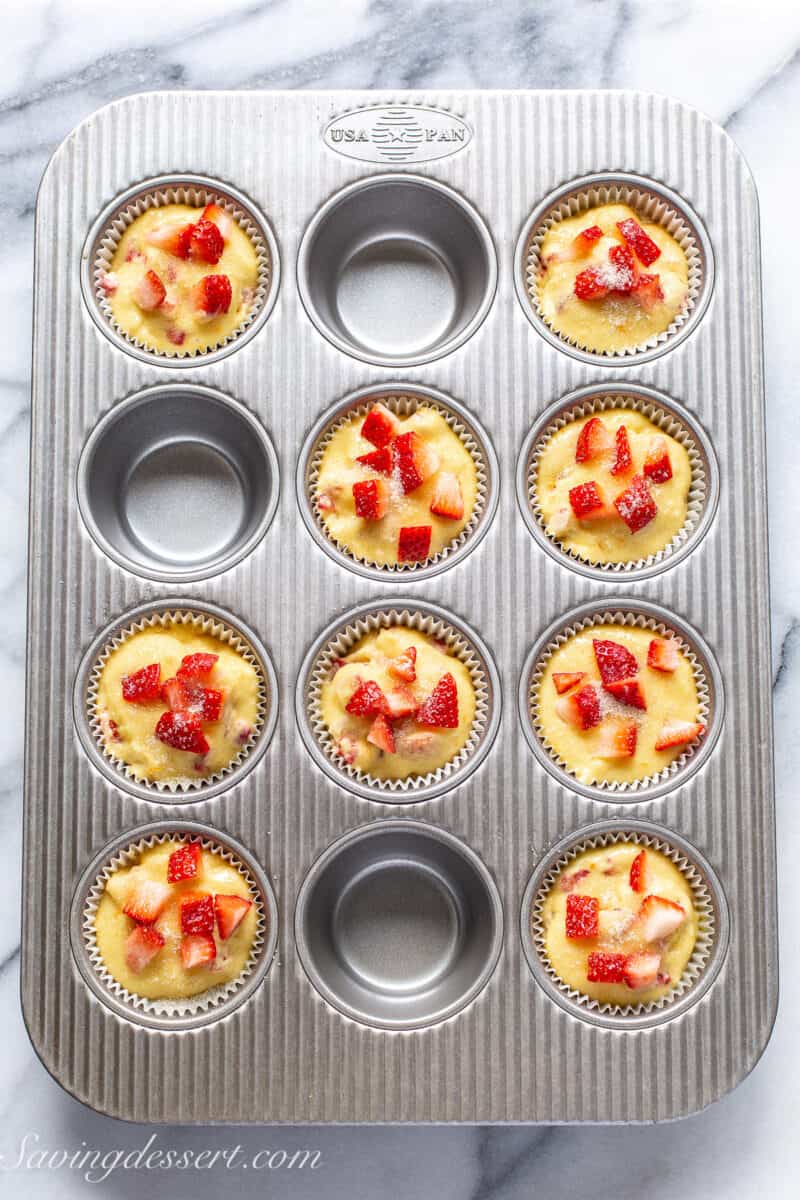 Strawberry muffins ready to go in the oven