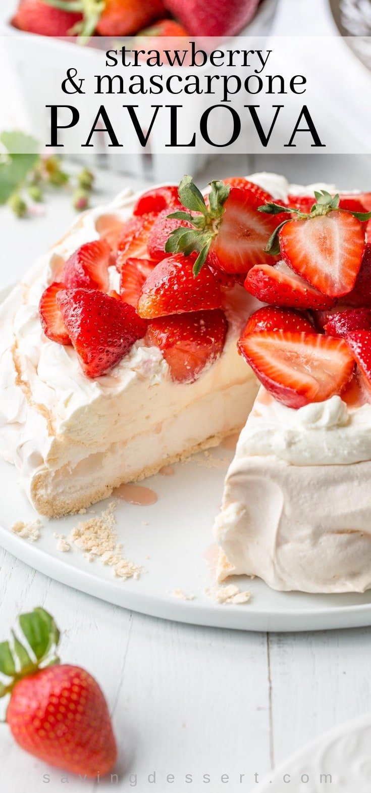 A strawberry pavlova topped with mascarpone cream