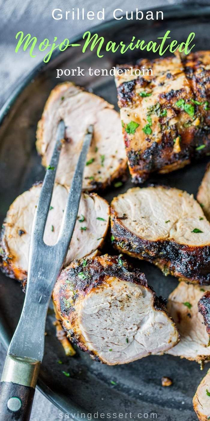 A sliced, grilled marinated pork tenderloin