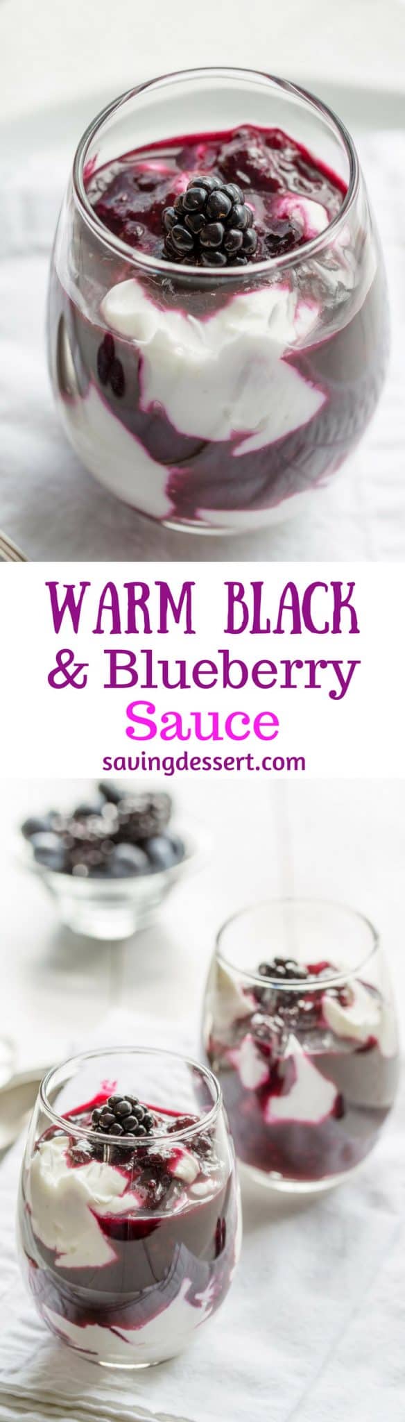 Warm Black & Blueberry Sauce ~ a simple fruit sauce made with blackberries and blueberries with a tangy bite from the fresh lemon juice.  With just a little sugar, this versatile sauce is great on just about everything! www.savingdessert.com