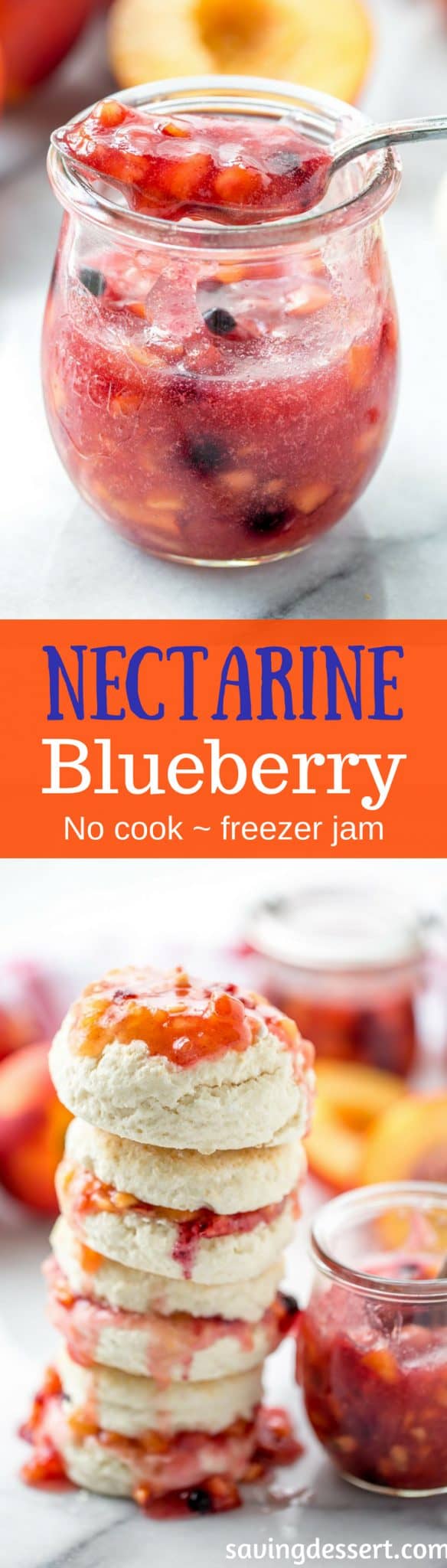 Easy Nectarine Blueberry Freezer Jam ~ get out the easy button because this delicious no-cook jam is as simple as it gets with unpeeled, diced nectarines and blueberries. www.savingdessert.com