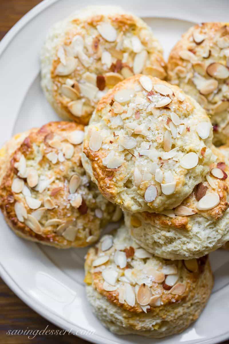 Almond Peach Scones ~ made with fresh diced peaches, grated almond paste and amazing buttermilk, these scones are tender and delicious and super easy to make too! www.savingdessert.com