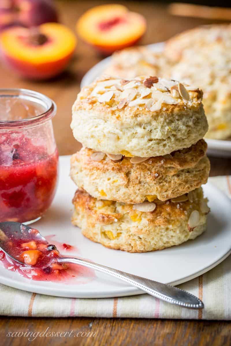 Almond Peach Scones ~ made with fresh diced peaches, grated almond paste and amazing buttermilk, these scones are tender and delicious and super easy to make too! www.savingdessert.com