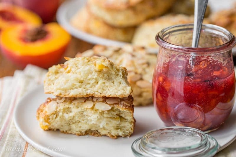 Almond Peach Scones ~ made with fresh diced peaches, grated almond paste and amazing buttermilk, these scones are tender and delicious and super easy to make too! www.savingdessert.com