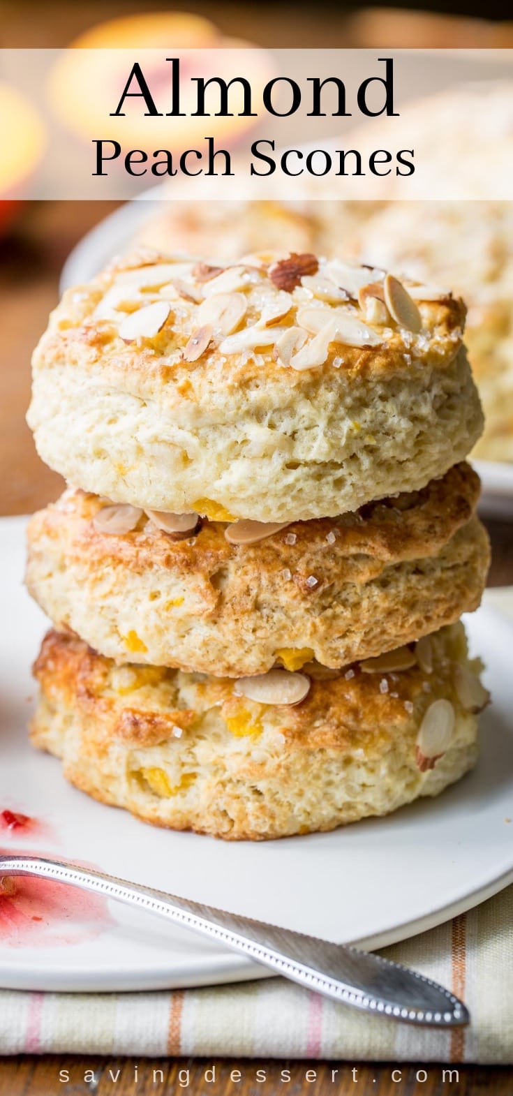 A stack of fresh almond peach scones