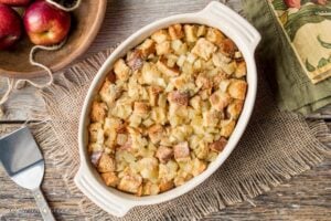 A casserole dish filled with Apple Bread Pudding