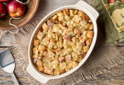 A casserole dish filled with Apple Bread Pudding