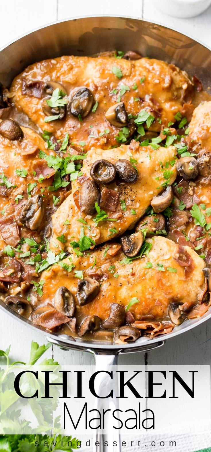 Classic Chicken Marsala ~ tender chicken breasts are seasoned and sautéed, then simmered in a Marsala wine sauce with shallots, prosciutto, and plenty of earthy mushrooms.   #chickenmarsala #chickendish #chicken #chickenmushrooms #marsala #easydinner