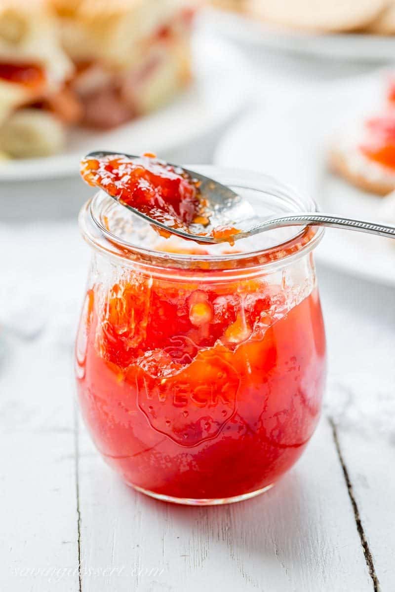 Hot Pepper Jelly ~ spicy, hot red cherry peppers and sweet red bell peppers combine in this easy and delicious jelly ... perfect for the season! savingdessert.com #savingroomfordessert #hotpepperjelly #appetizer #jelly #redpepper