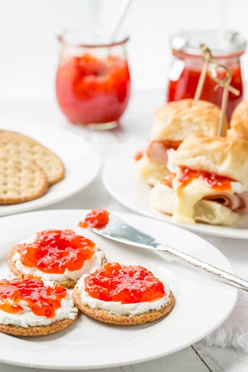 Hot Pepper Jelly ~ spicy, hot red cherry peppers and sweet red bell peppers combine in this easy and delicious jelly ... perfect for the season! savingdessert.com #savingroomfordessert #hotpepperjelly #appetizer #jelly #redpepper